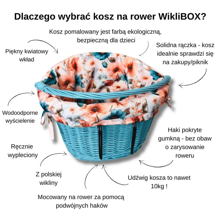 Wiklinowy koszyk na rower morski z wyscieleniem
