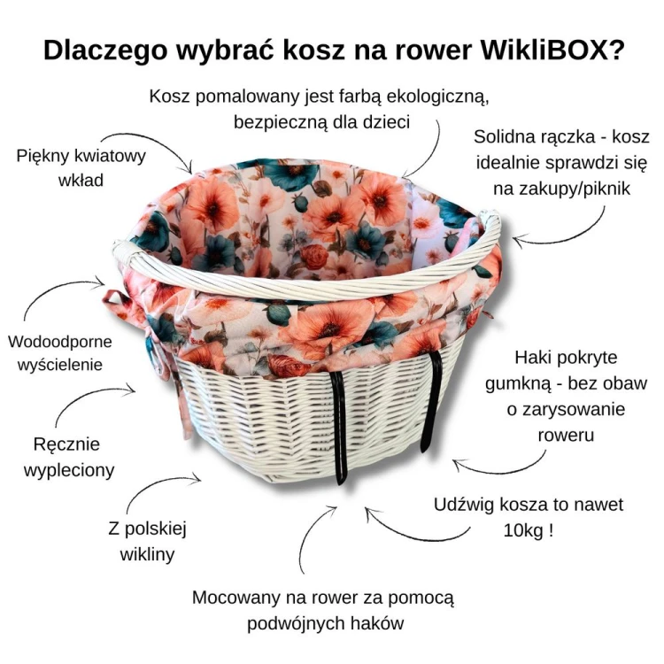 Wiklinowy kosz na rower w kolorze białym z wyścieleniem w maki