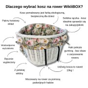 Wiklinowy kosz na rower w kolorze białym z wyścieleniem w oliwkowa łączka