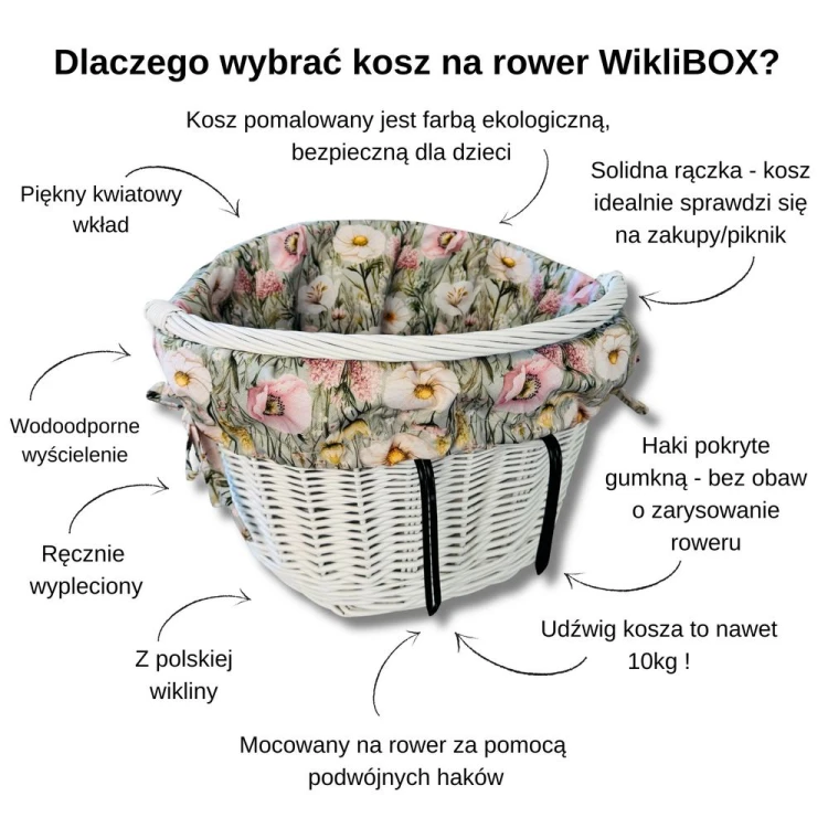Wiklinowy kosz na rower w kolorze białym z wyścieleniem w oliwkowa łączka
