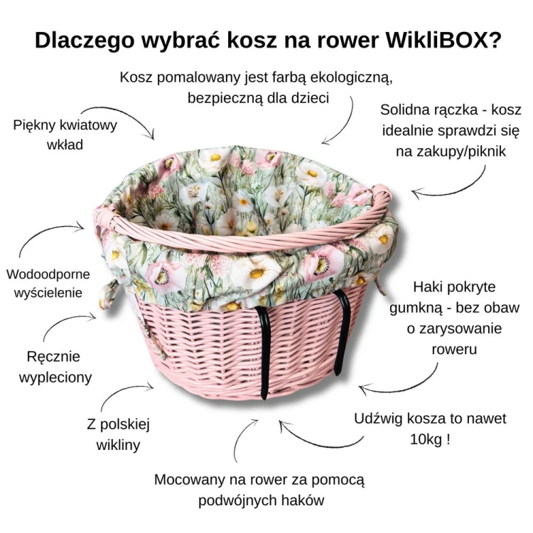 Wiklinowy kosz na rower w kolorze różowym  z wyścieleniem w oliwkowa łączka