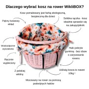Wiklinowy kosz na rower w kolorze różowym  z wyścieleniem w maki