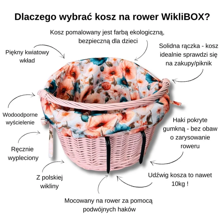 Wiklinowy kosz na rower w kolorze różowym  z wyścieleniem w maki