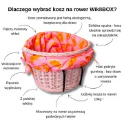 Wiklinowy kosz na rower w kolorze różowym  z wyścieleniem różowym w soczyste pomarańcze