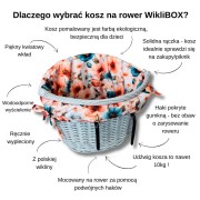 Wiklinowy kosz na rower w kolorze szarym z wyścieleniem różowym w maki