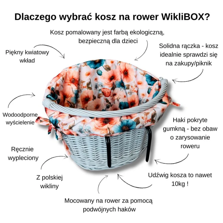 Wiklinowy kosz na rower w kolorze szarym z wyścieleniem różowym w maki