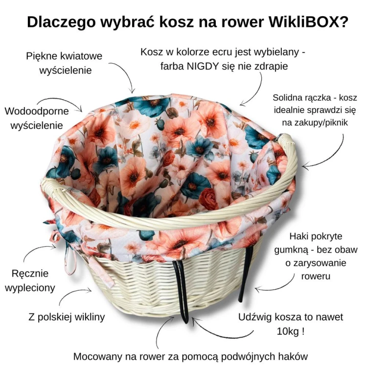 Wiklinowy koszyk na rower z wyścieleniem ecru