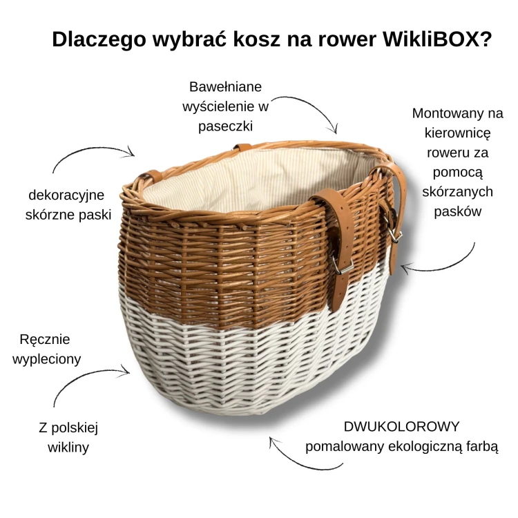 Wiklinowy koszyk na rower Dumpy naturalny-biały ze skórzanymi dodatkami i bawełnianym obszyciem