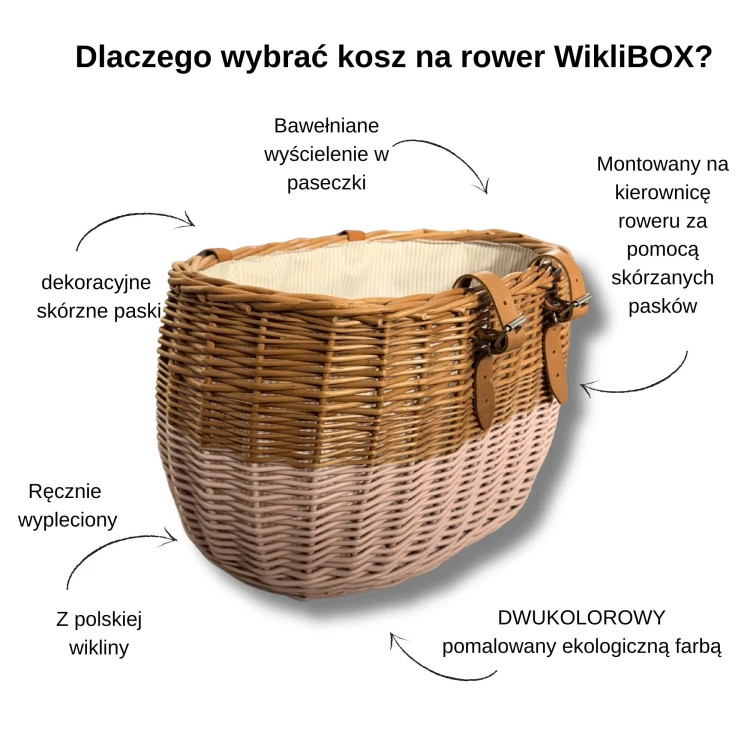 Wiklinowy koszyk na rower Dumpy naturalny ze skórzanymi dodatkami oraz bwełnianym wyścieleniem