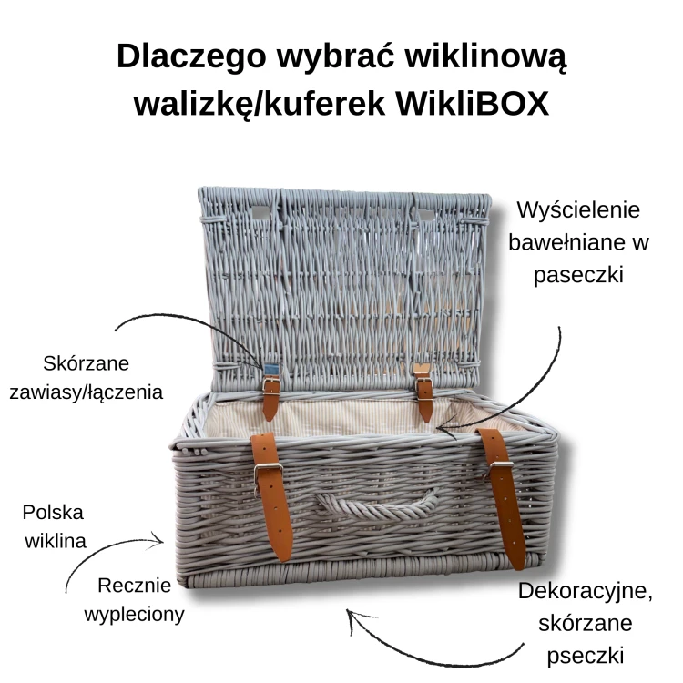 Wiklinowy kuerek (walizka) szara ze skórzanymi dodatkami i bawełnianym wyścieleniem