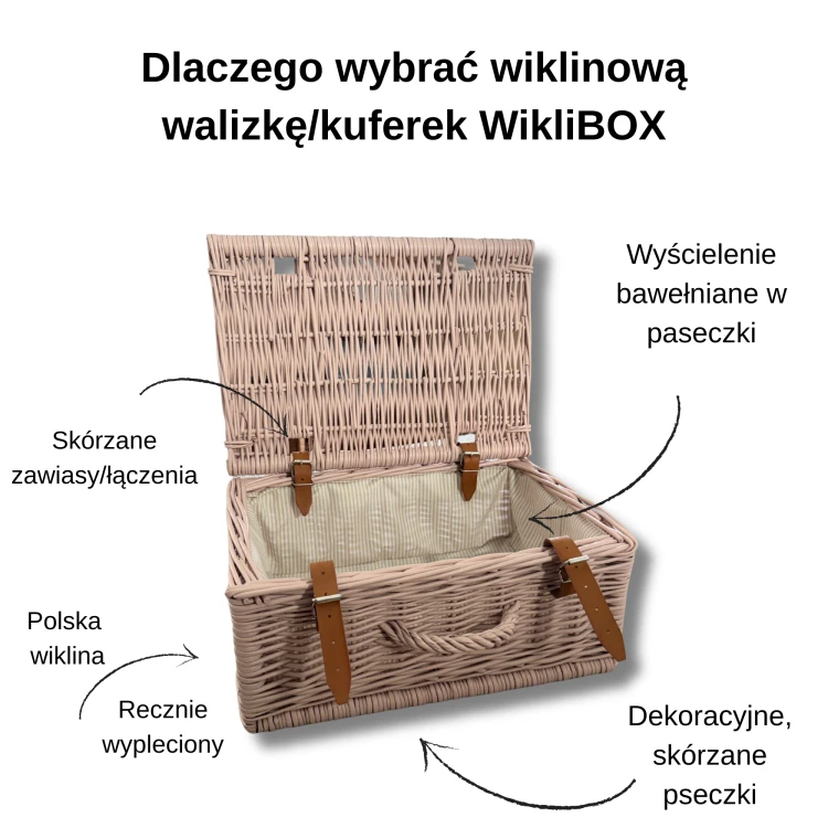 Wiklinowa walizka (kuferek) w kolorze różowym ze skórzanymi dodatkami i bawełnianym wyścieleniem